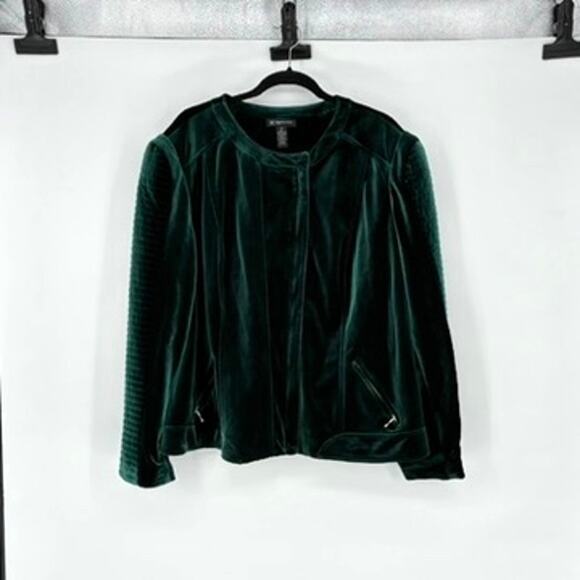 INC Women's Emerald Green Velvet Cropped Full Zip Moto Jacket - Plus 3X - Biker - Picture 1 of 7